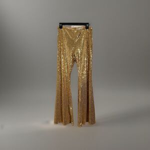 Ritzy Gypsy Gold Sequin Glitter Embellished Wide Leg Mid Rise Pants M Glam